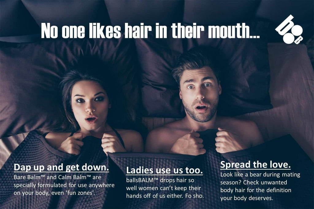 Body hair management cream promo with two people on bed and small product icon