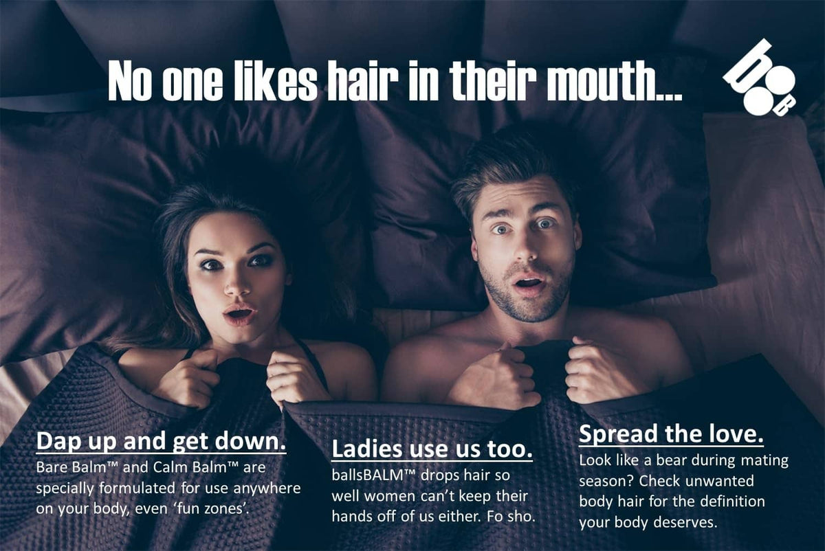 Body hair management cream promo with two people on bed and small product icon