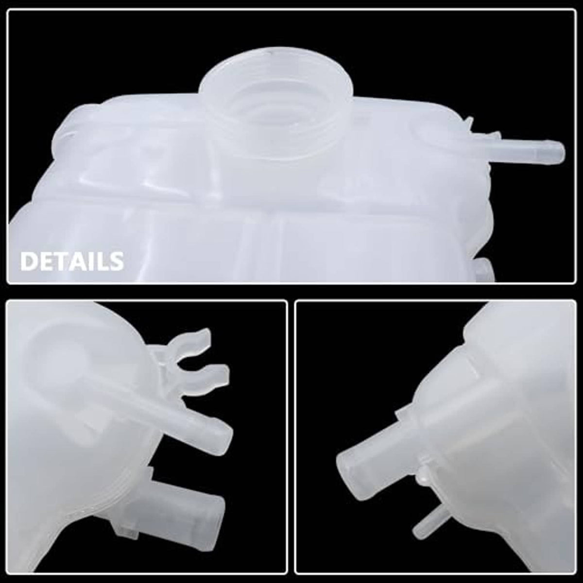Pressurized coolant reservoir cap and fill port detail, white tank with multiple outlets