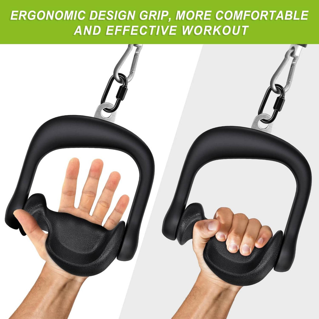 Two black D-handle cable grips held in hands with textured palm pads