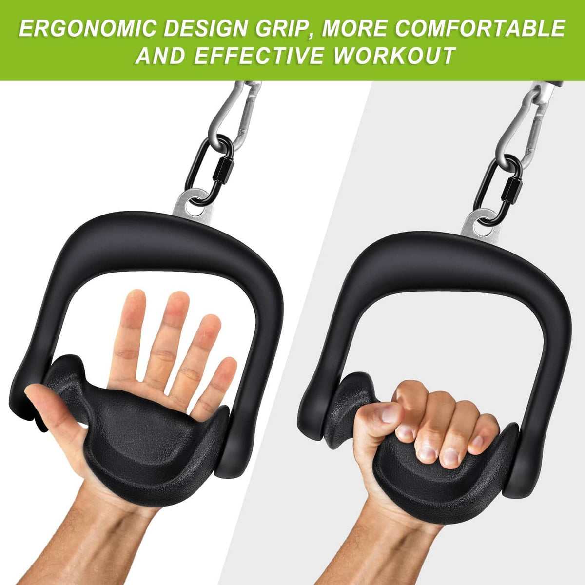 Two black D-handle cable grips held in hands with textured palm pads
