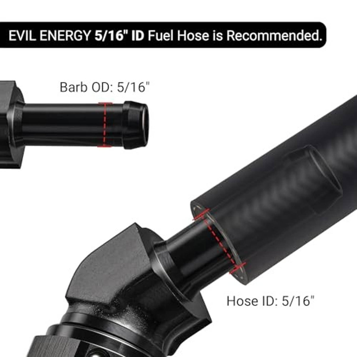 6AN 45-degree barb hose fitting with 5/16 barbed hose end, black