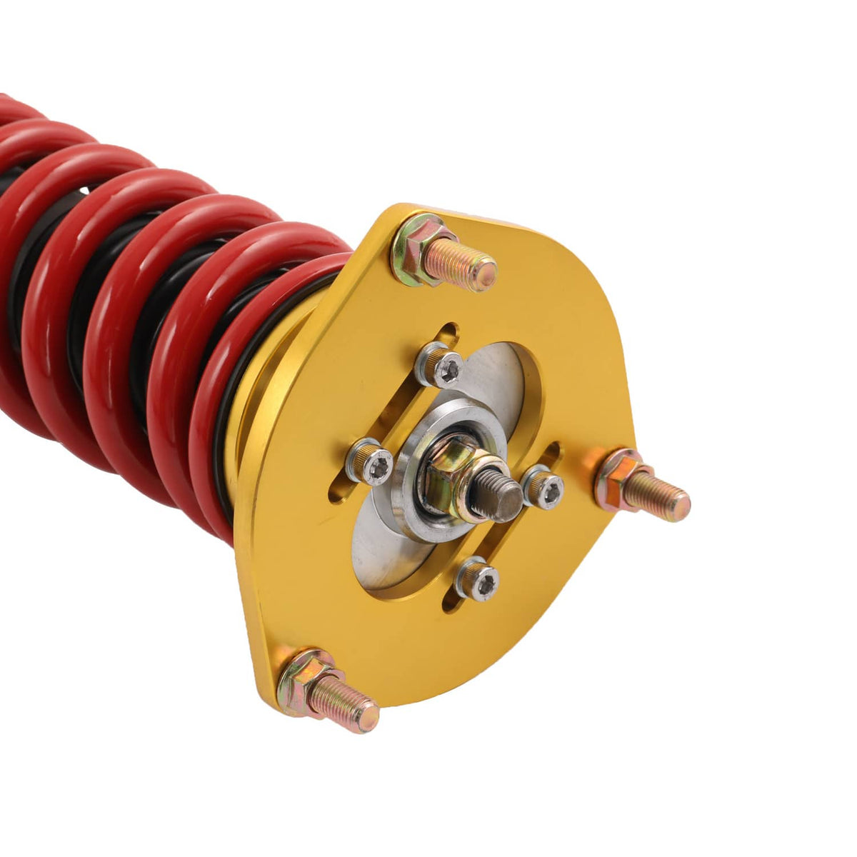 Gold coilover strut top plate with mounting studs and red spring