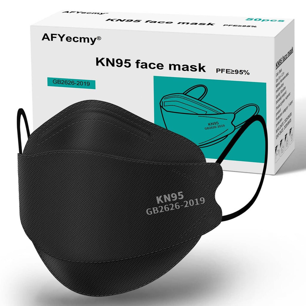 Black KN95 face mask with ear loops, labeled GB2626-2019