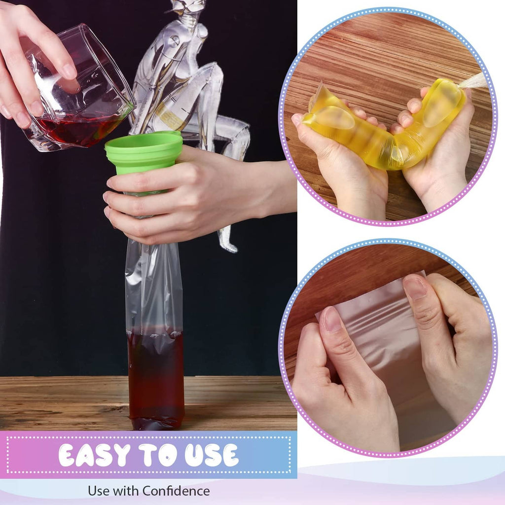 Hands filling clear plastic ice lolly mold bags and sealing with a cap