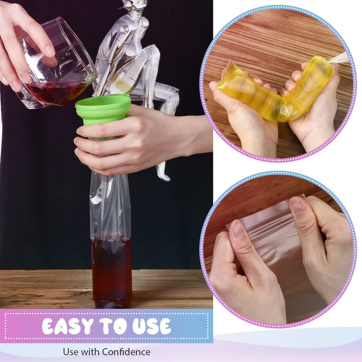 Hands filling clear plastic ice lolly mold bags and sealing with a cap
