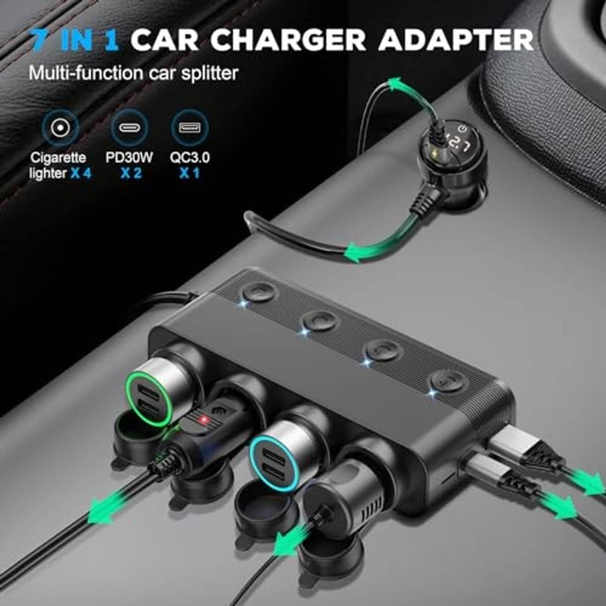 Multi-port car charger splitter with multiple round sockets and connected charging cables