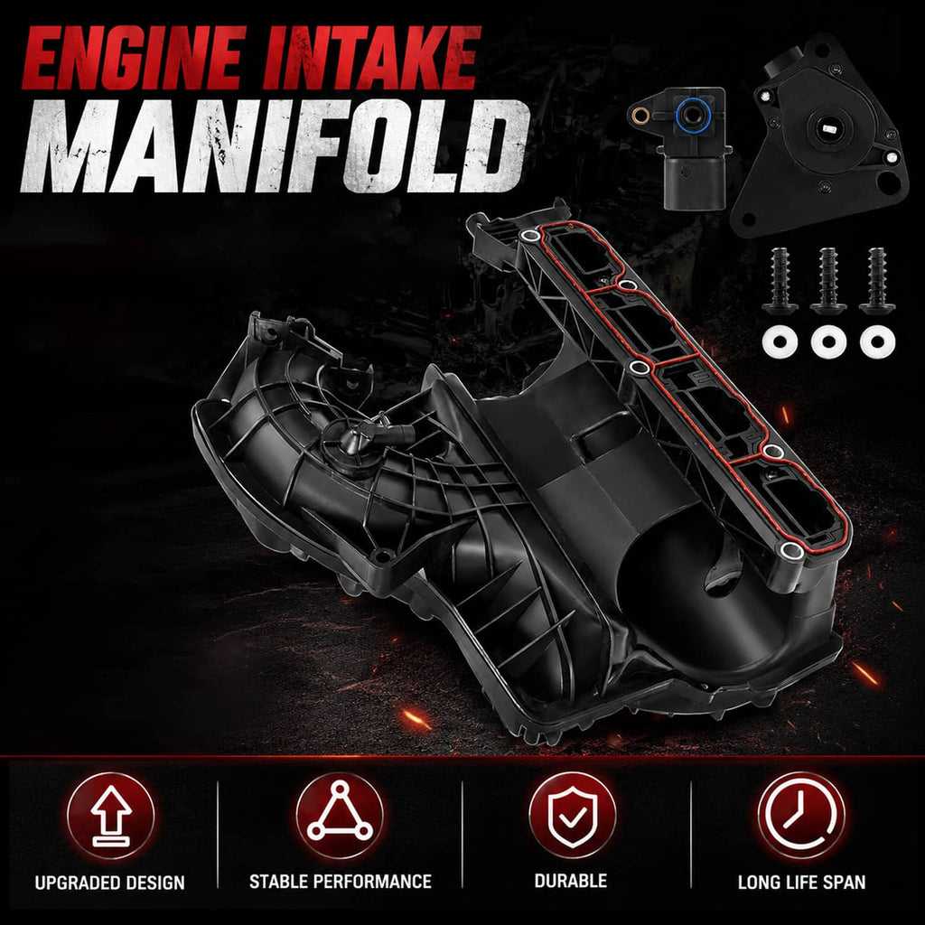 Engine intake manifold assembly with runner control valve and sensor, angled view