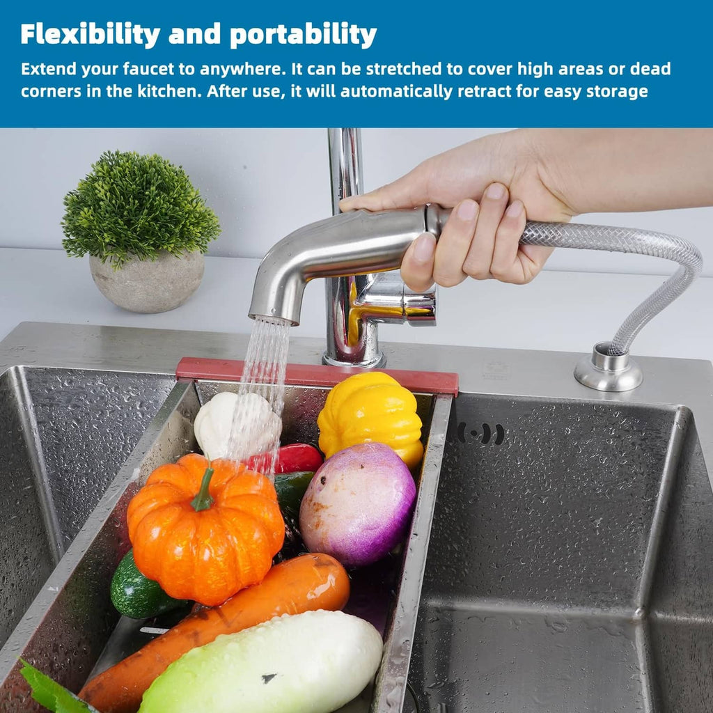 Brushed nickel kitchen sink sprayer with braided hose, spraying into sink