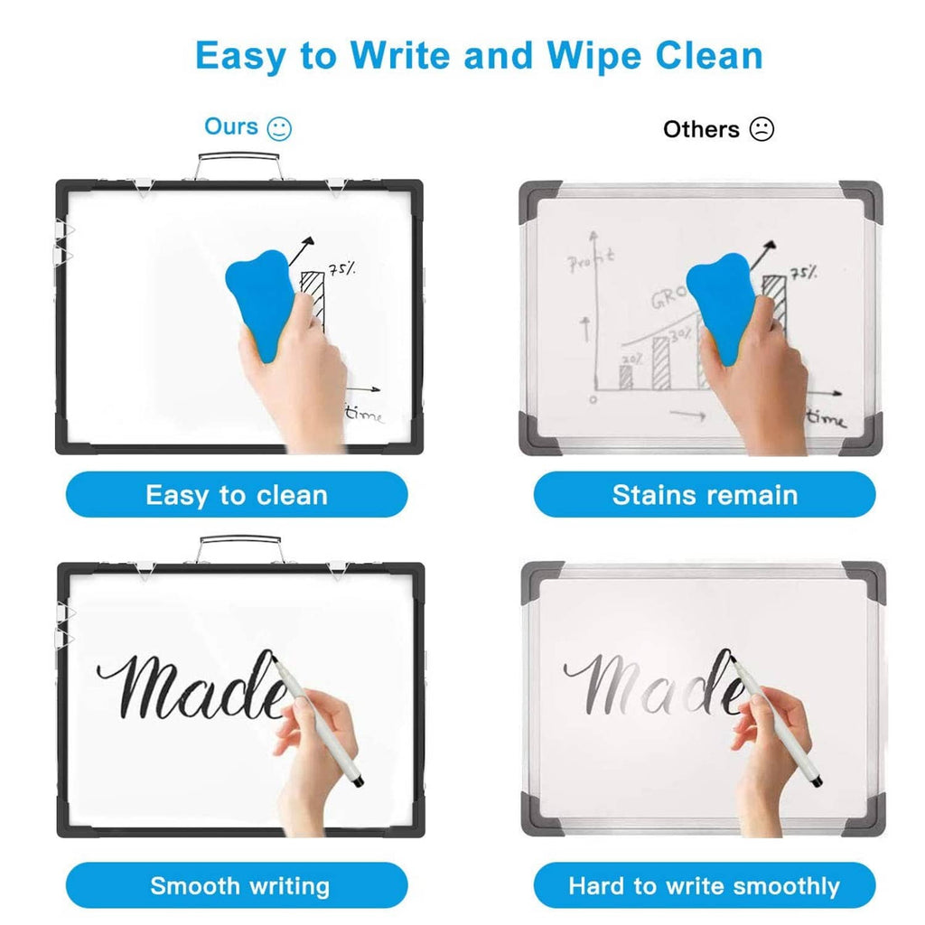 Portable dry erase whiteboard with black frame and smooth writing surface