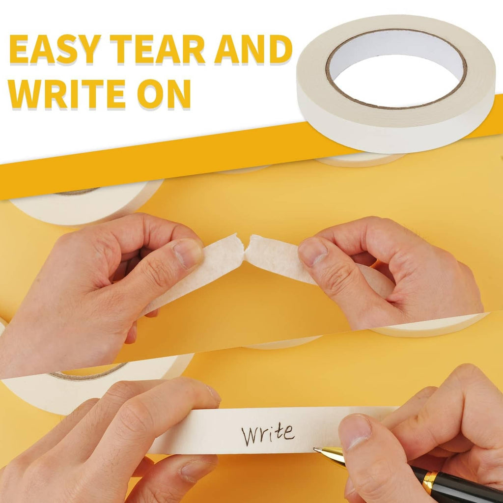 Beige masking tape roll with tape strip being torn by hands