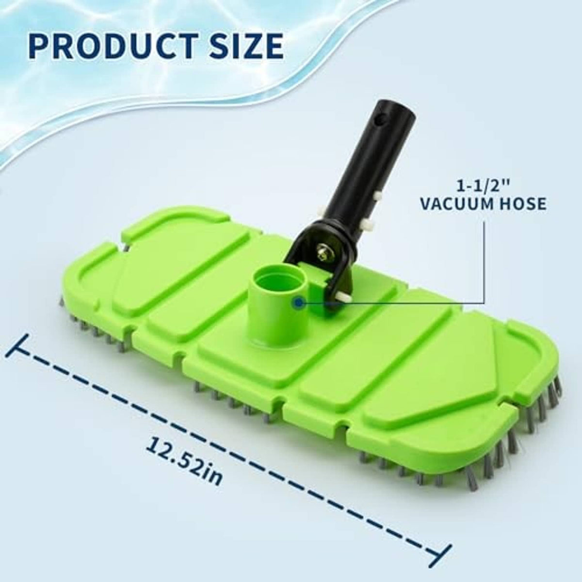 Green pool vacuum head with brush bristles and 1-1/2 in vacuum hose port