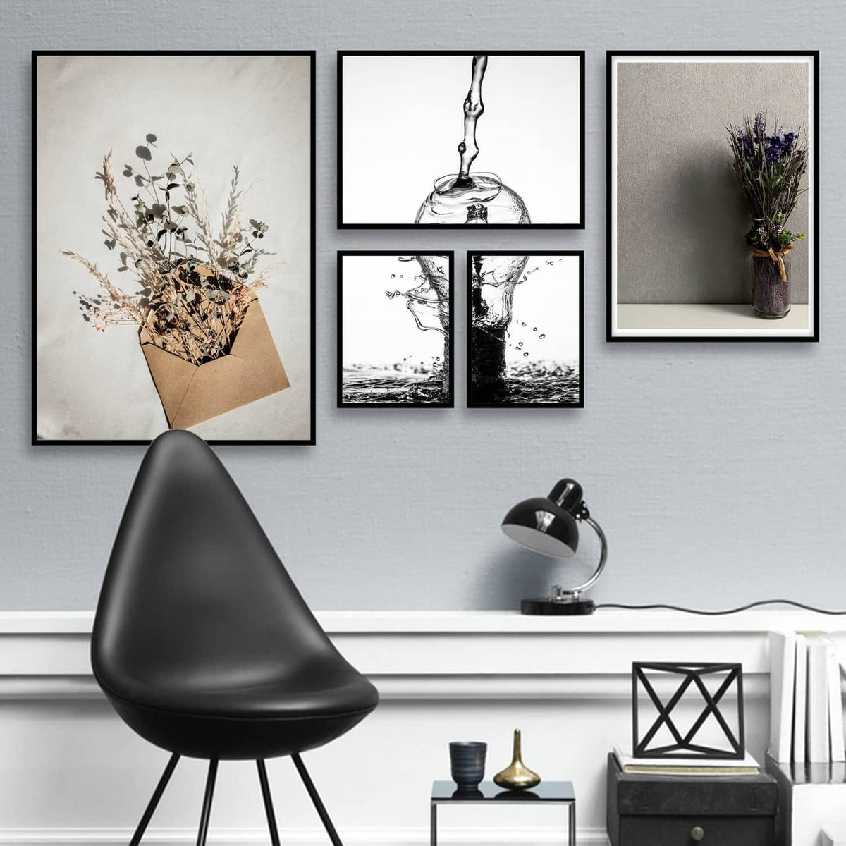 Black 13x13 picture frame with dried flowers artwork