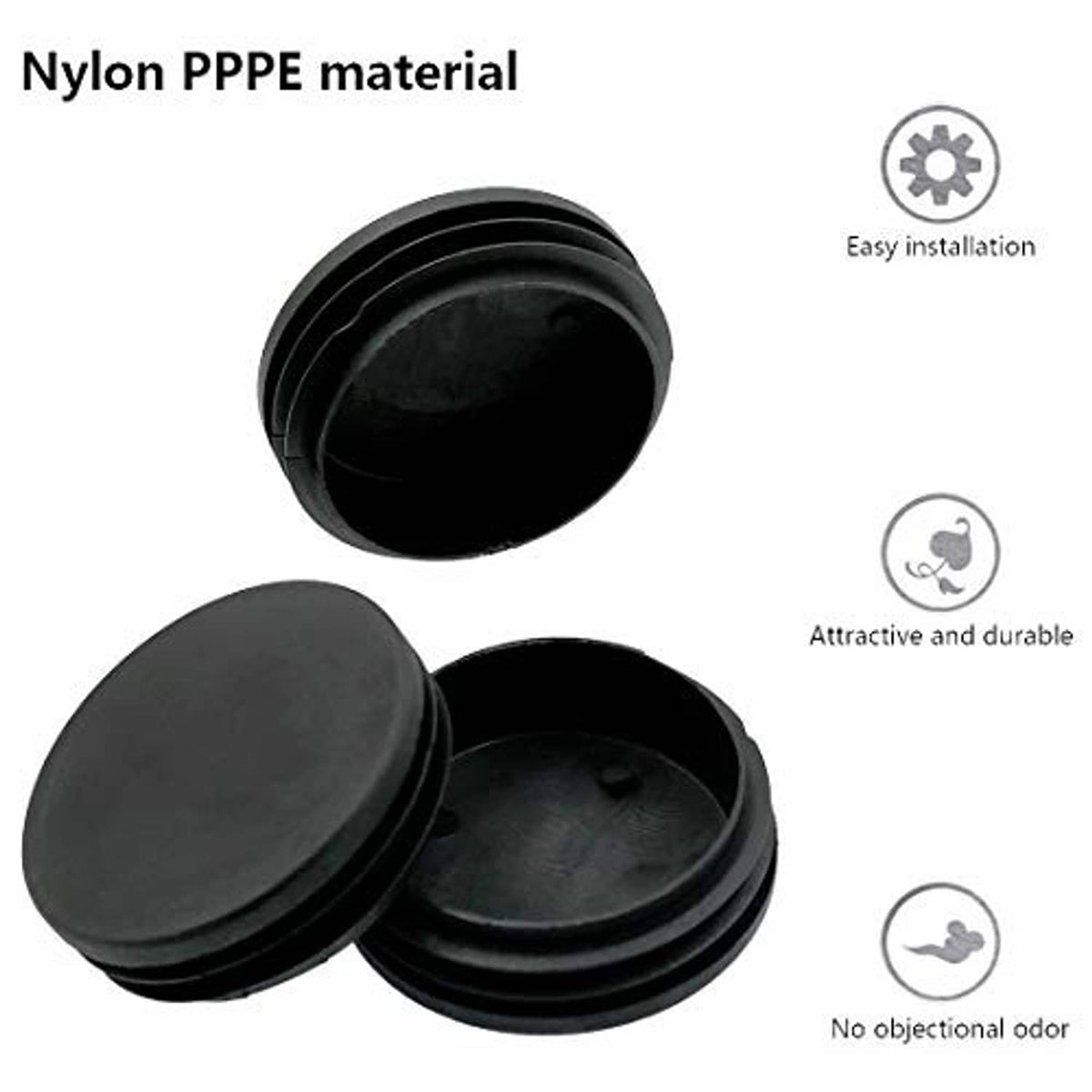 Black round plastic pipe end caps with durable rim, shown open and closed