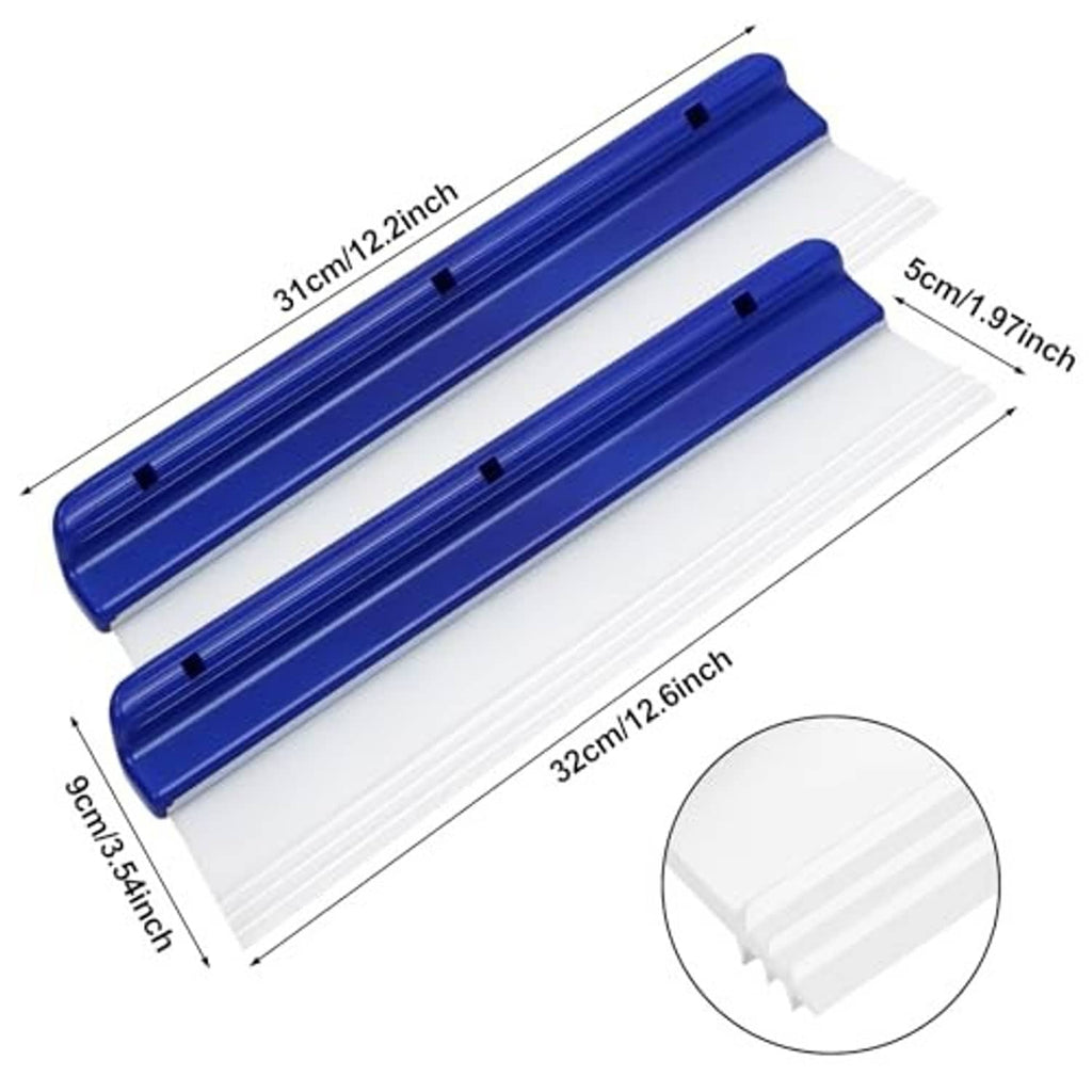 Blue handle and white T-blade squeegee pair with mounting holes and length markings