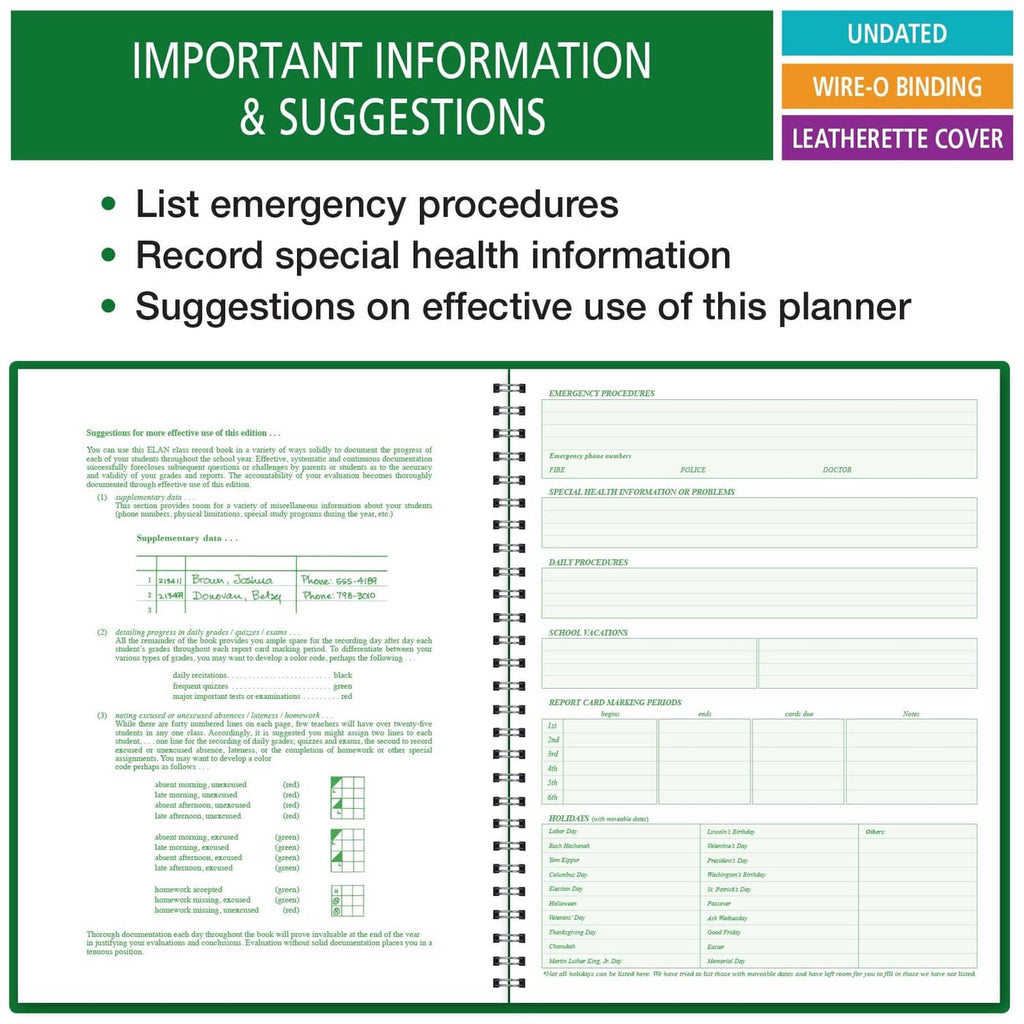 Open class record book with emergency procedure and planning suggestion forms