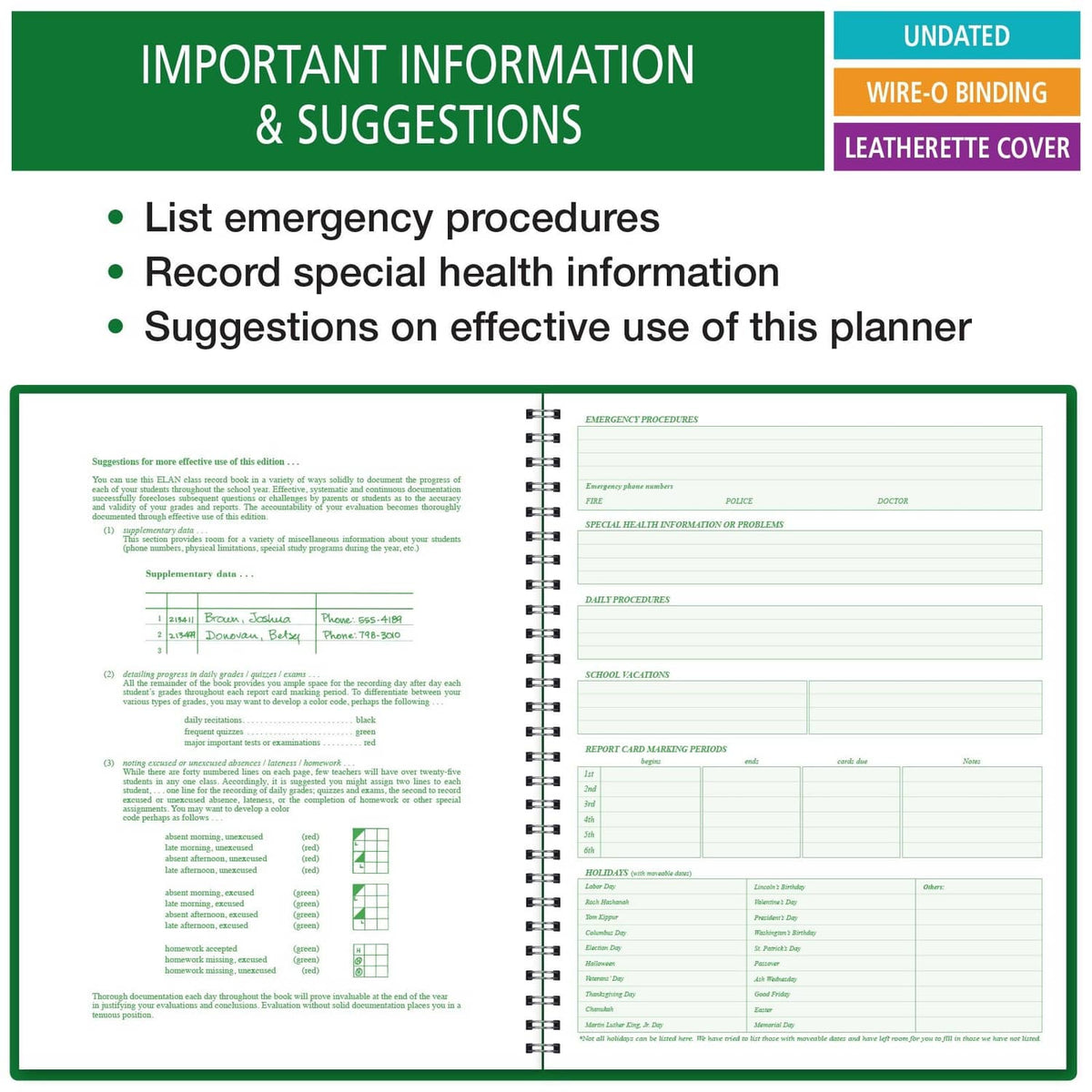Open class record book with emergency procedure and planning suggestion forms