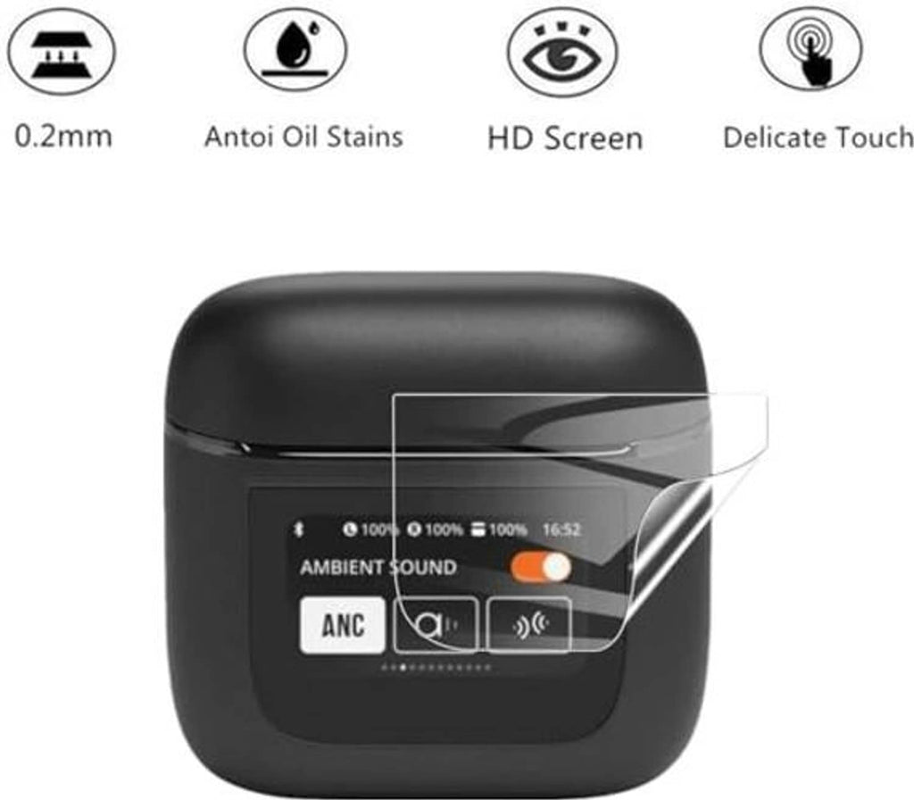 Black earbuds charging case with clear PET screen protector overlay, front controls visible