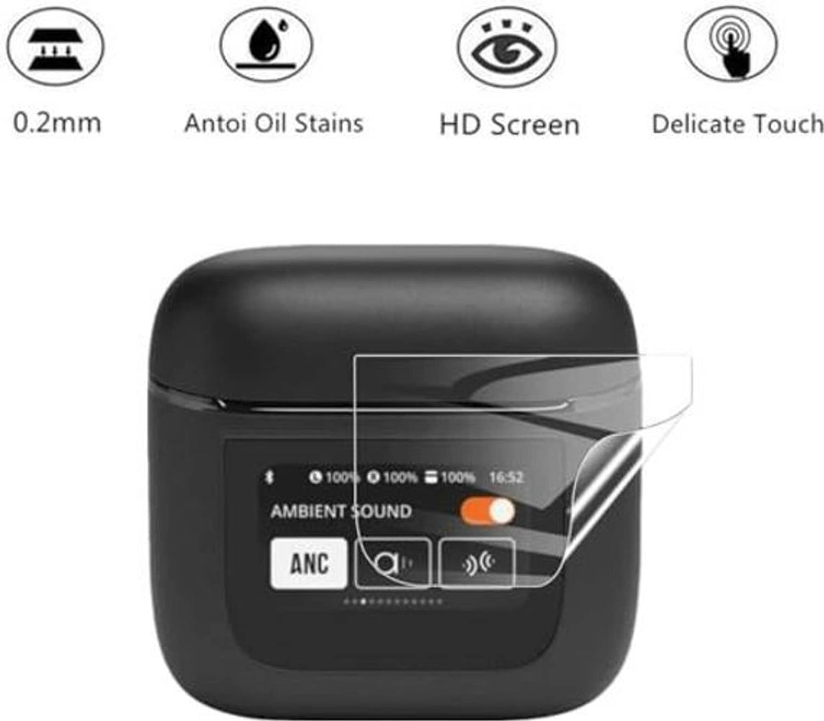 Black earbuds charging case with clear PET screen protector overlay, front controls visible