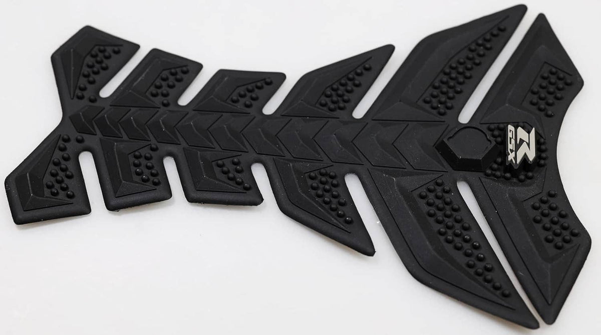 Black rubber tank side pad protector with textured grip nubs and side emblem detail