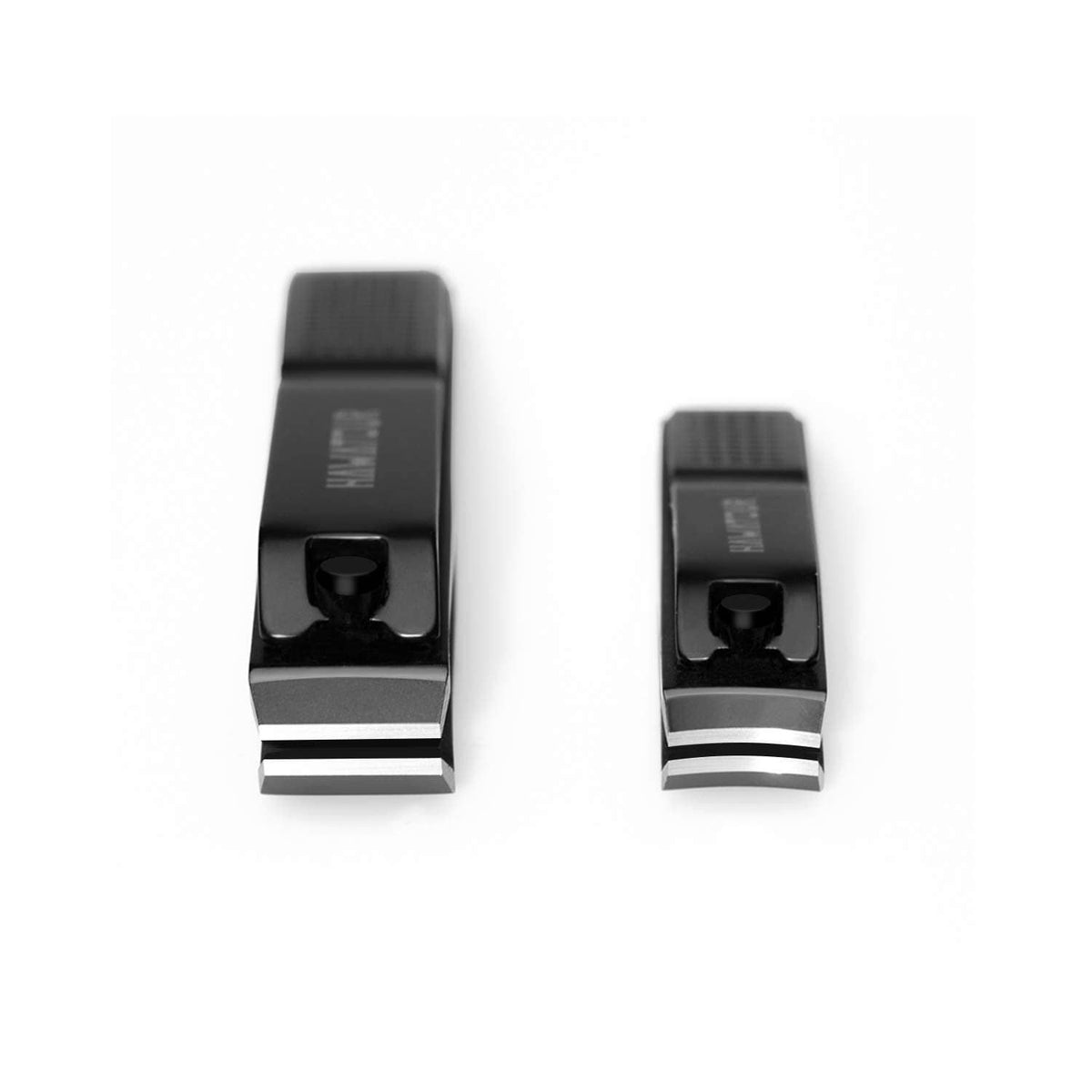 Pair of black nail clippers with textured anti-slip grips and metal bases