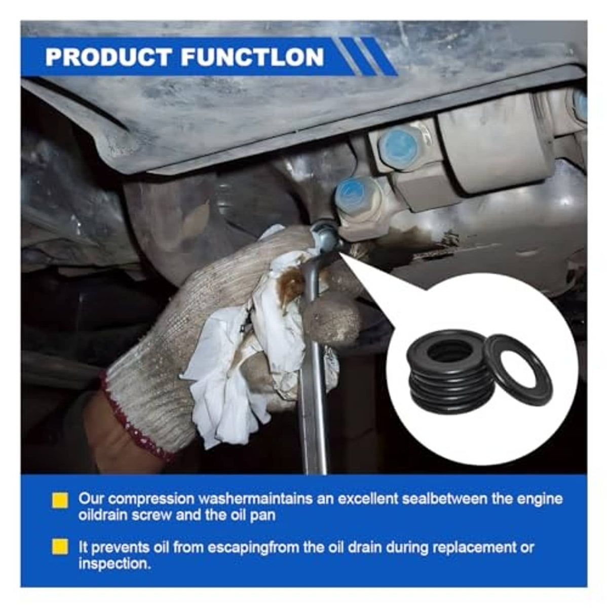 Black rubber oil drain plug gasket rings, circular inset detail