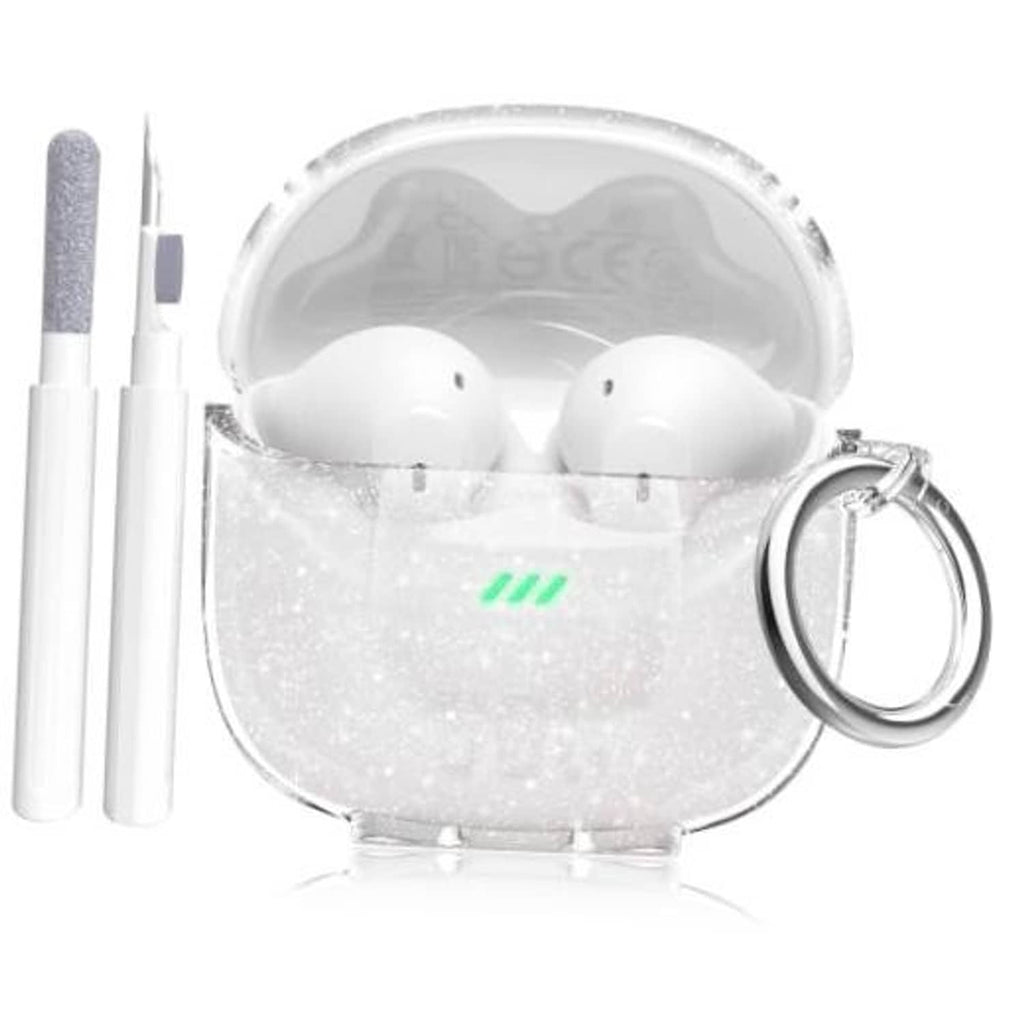 Clear glitter earbuds case with carabiner and cleaning pen, open with two white earbuds