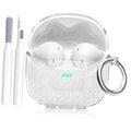Clear glitter earbuds case with carabiner and cleaning pen, open with two white earbuds