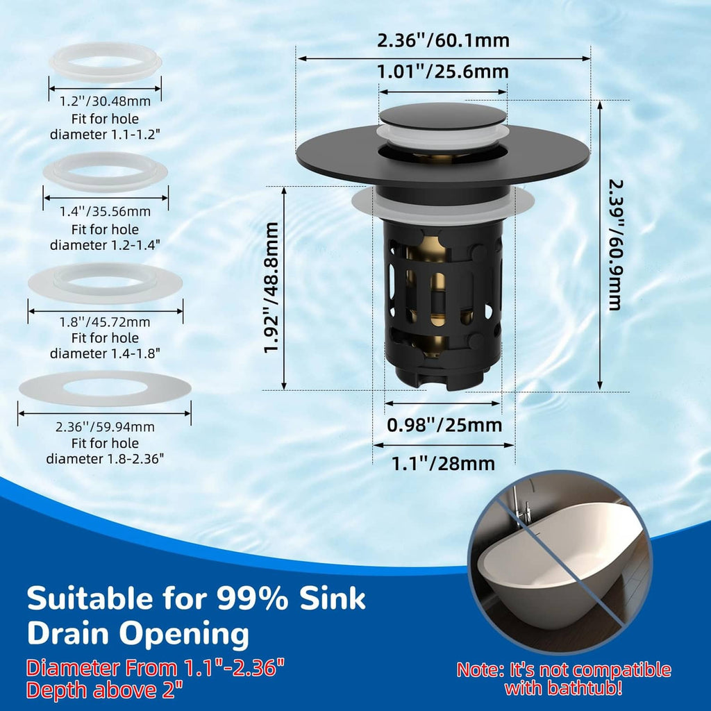 Matte black pop-up drain strainer stopper with size diagram and dimensions