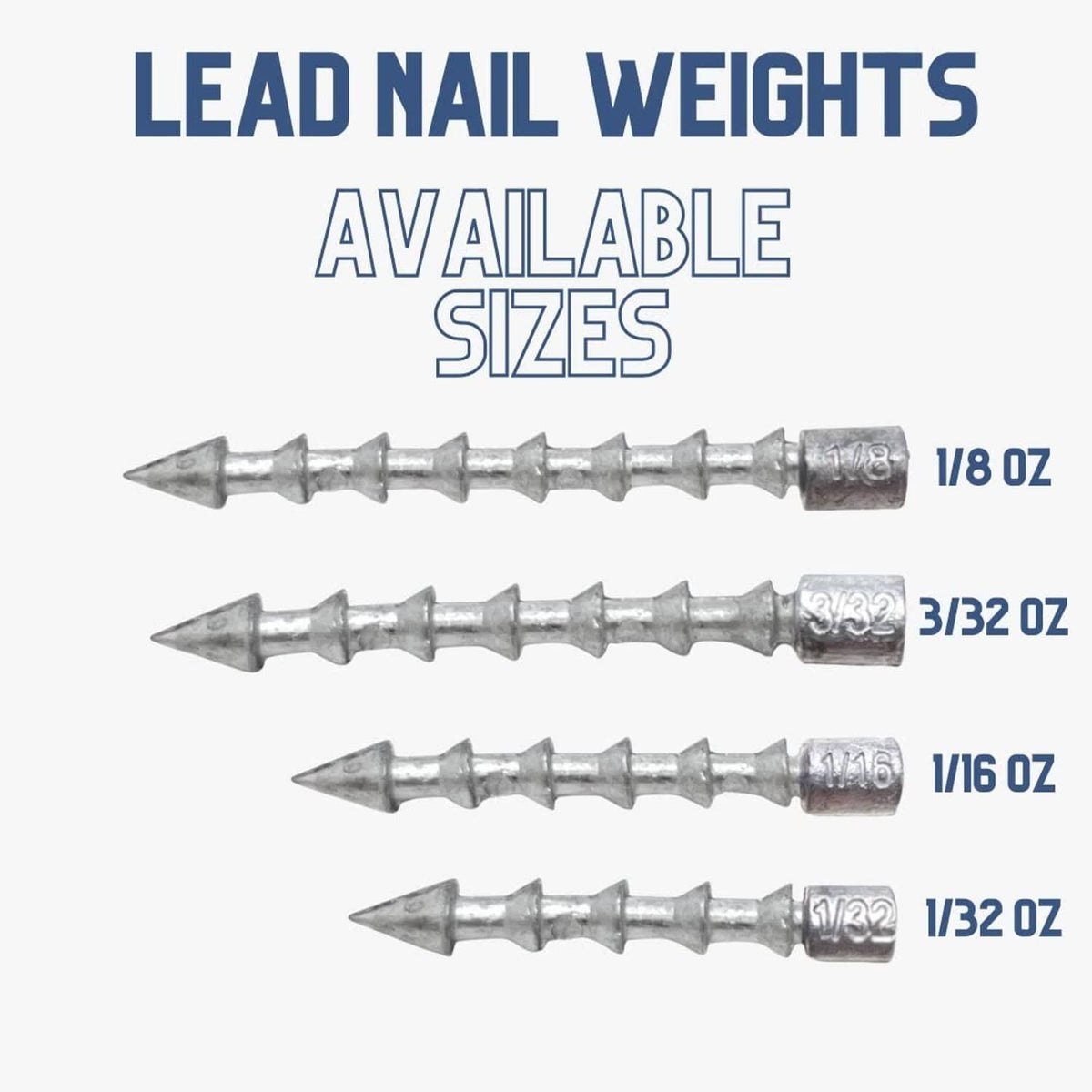 Gray lead nail weights with pointed ends, shown in multiple labeled weight sizes