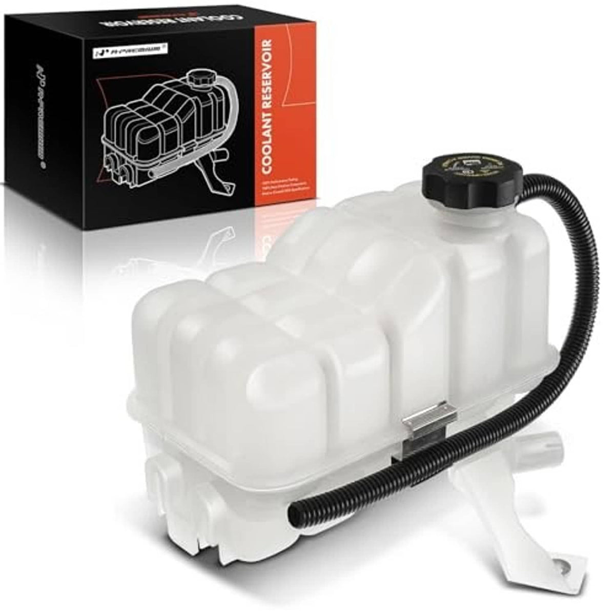 Coolant overflow recovery reservoir tank with black cap, corrugated hose, and mounting bracket
