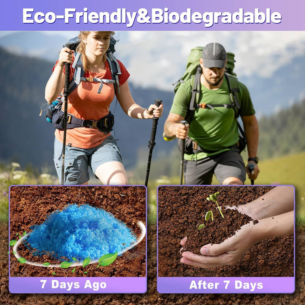 Lavender poo powder granules shown with soil before-and-after biodegradability