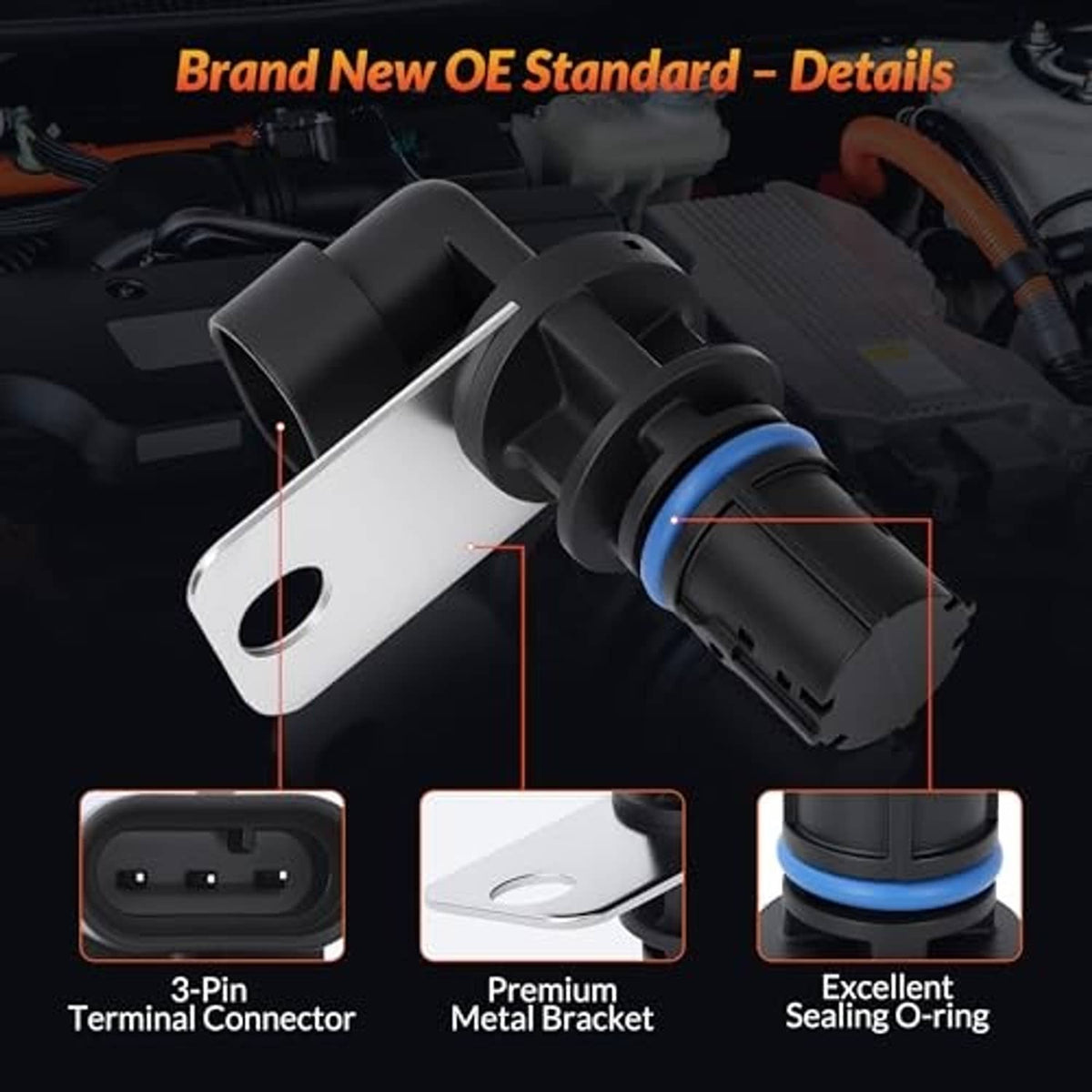 Crankshaft position sensor showing 3-pin connector and blue sealing ring on black body