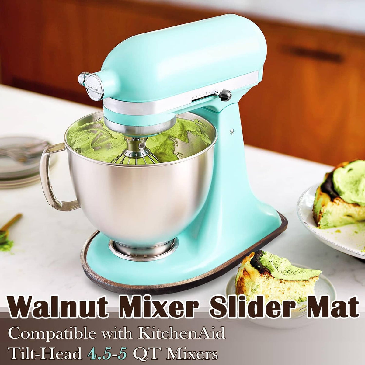 Arched walnut wood slider mat under a stand mixer base, dark brown wood grain