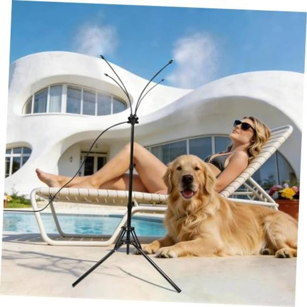 Outdoor patio misting stand with tripod legs, adjustable spray nozzles on pole