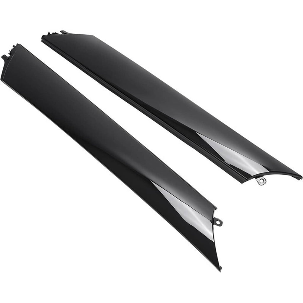 Pair of black A-pillar windshield trim molding pieces, angled view