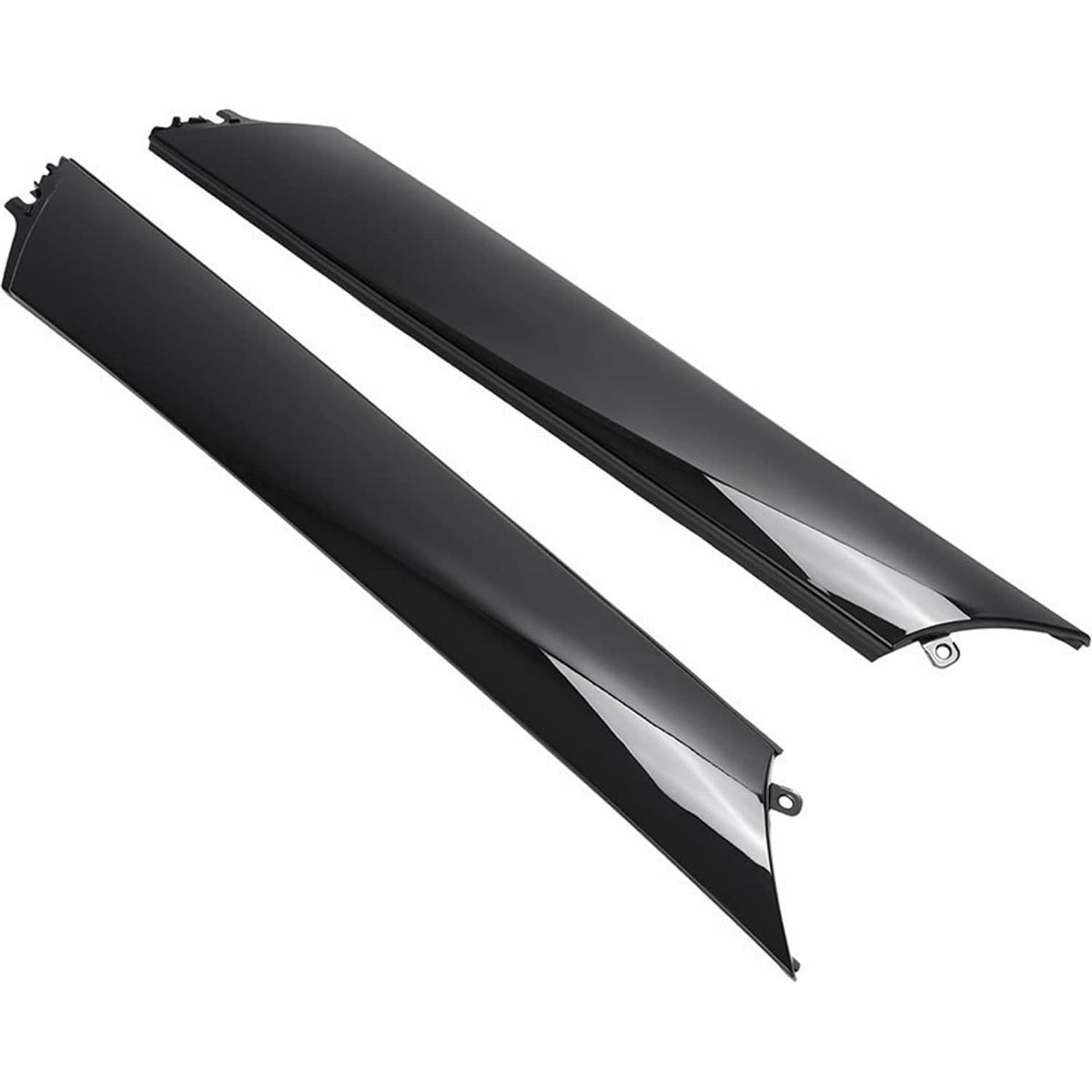 Pair of black A-pillar windshield trim molding pieces, angled view
