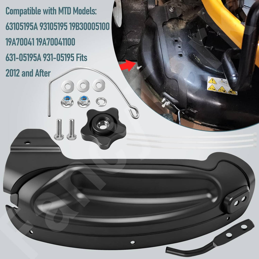 Black lawn mower mulch plug cover with screws and mounting hardware kit