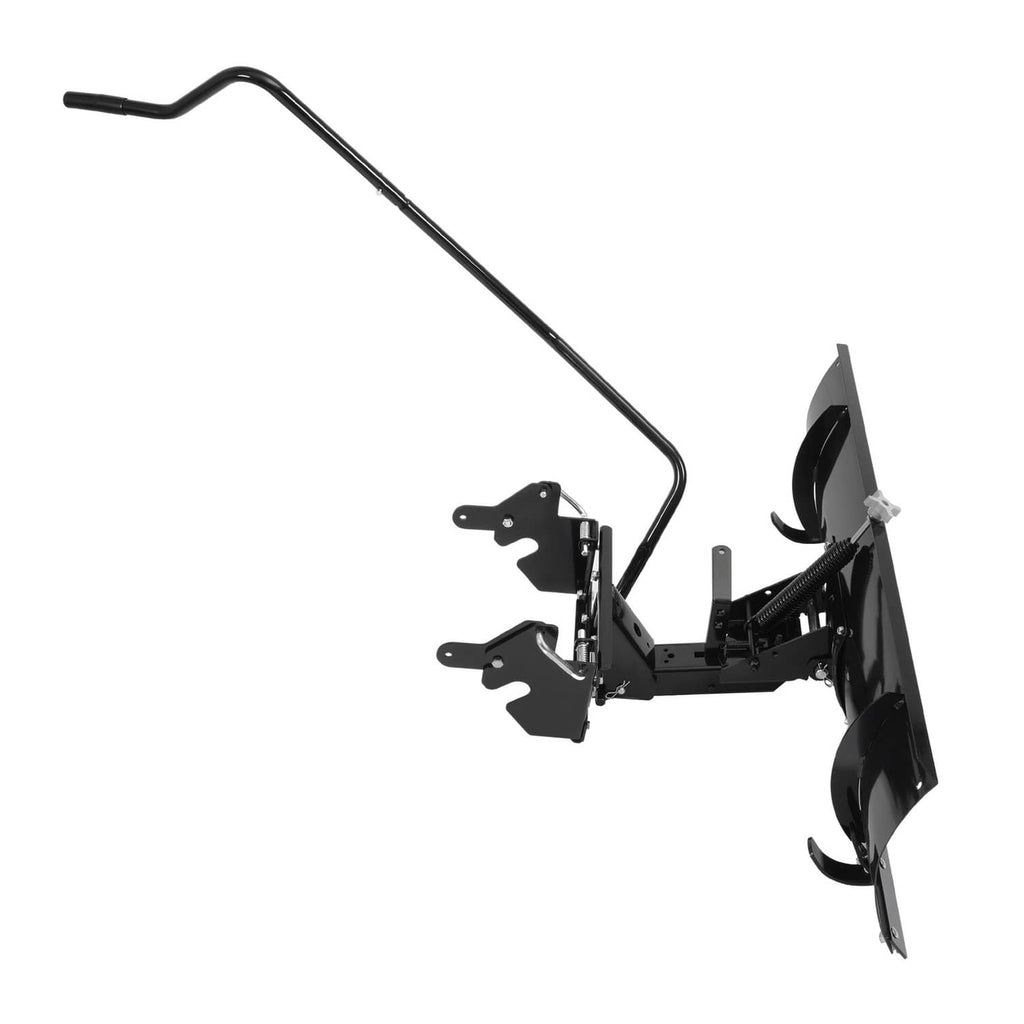 Snow blade plow attachment with black blade, curved handle, and side support arms