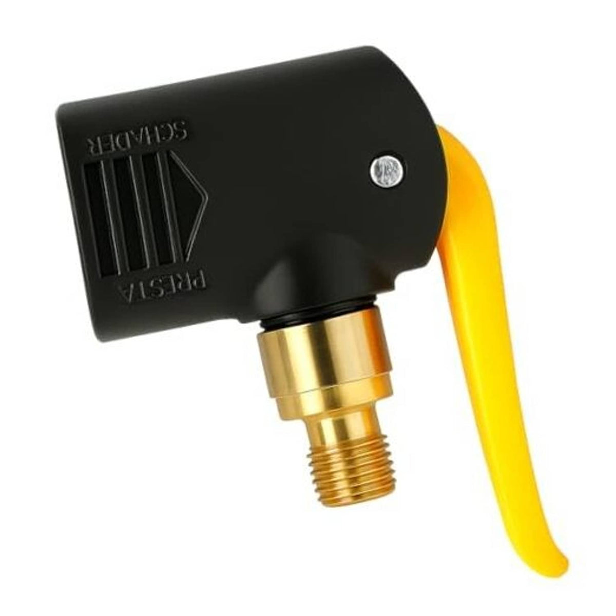 Black locking dual-head bicycle valve adapter with brass threaded connector and yellow lever