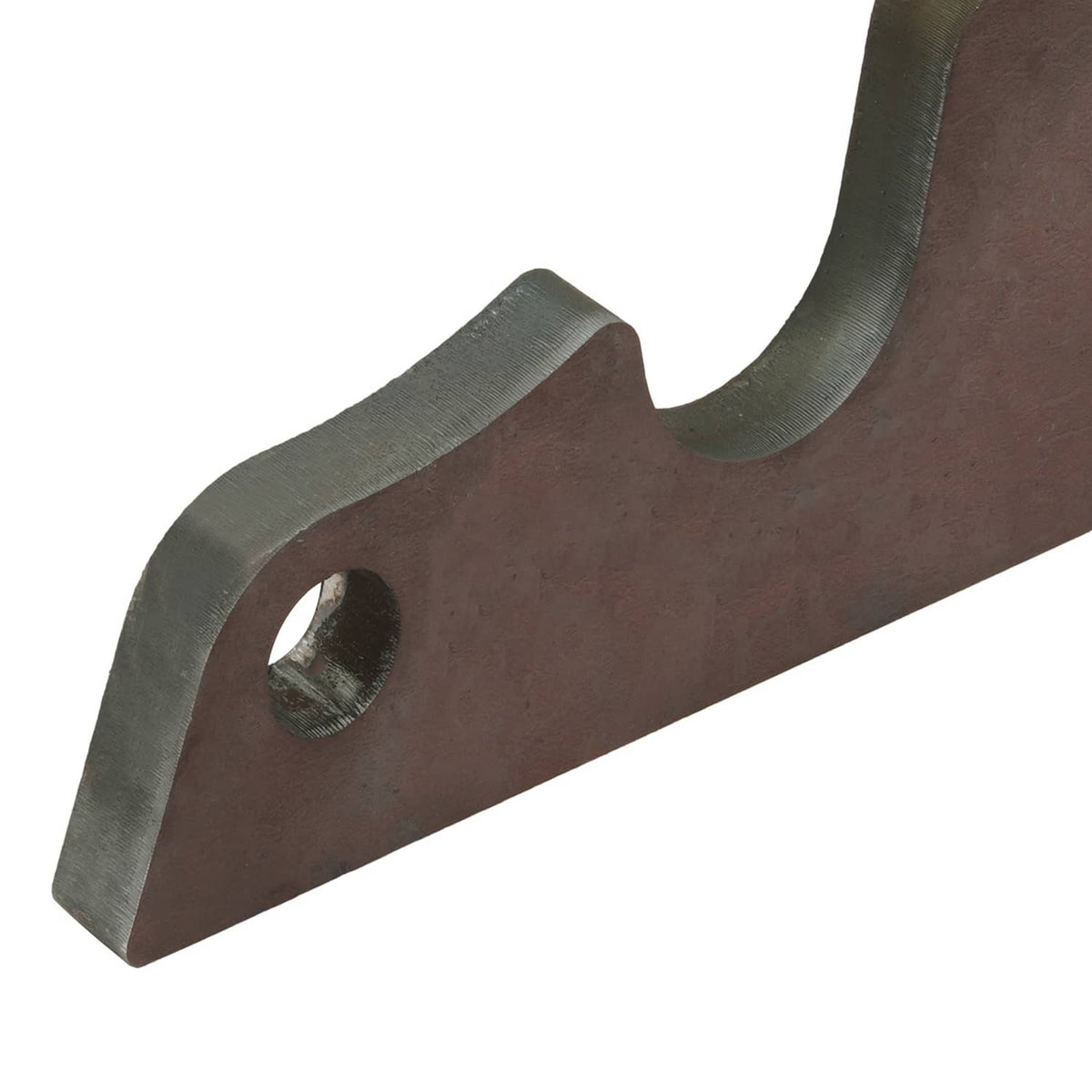 Close-up of bucket ears bracket end with round pin hole and arched cutout