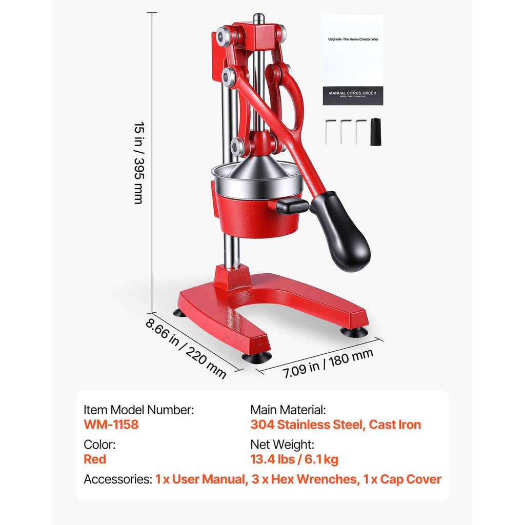 Red manual citrus juicer standing on red base with tall frame and black handle