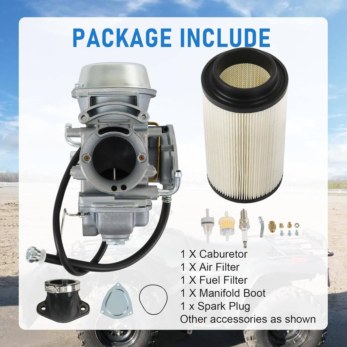 Carburetor kit with air filter, manifold boot, spark plug, and small accessory parts