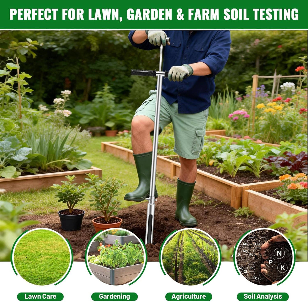 Soil core sampler probe held over garden beds for lawn, garden, or farm soil testing