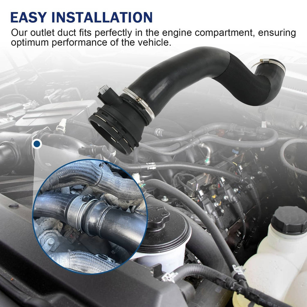 Turbo intercooler outlet hose with sensor installed near engine components, black rubber