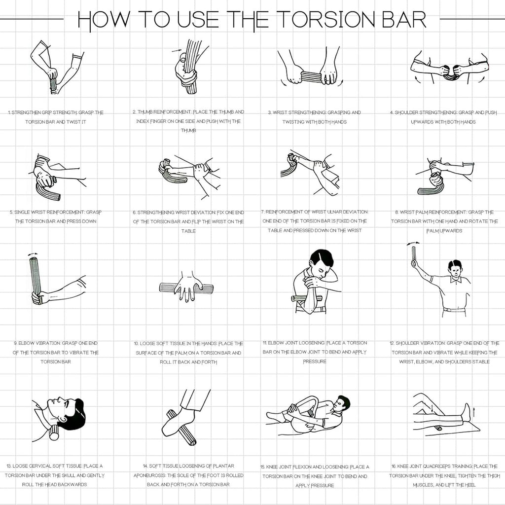 Red torsion bar with diagram of multiple stretching and exercise uses