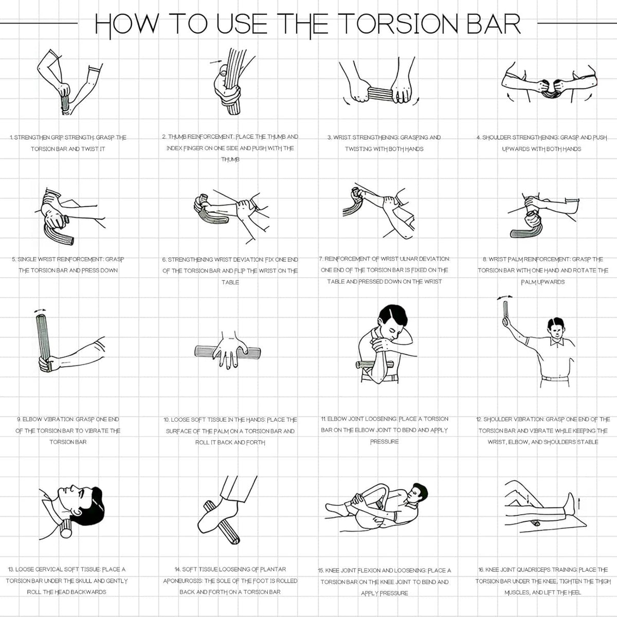 Red torsion bar with diagram of multiple stretching and exercise uses