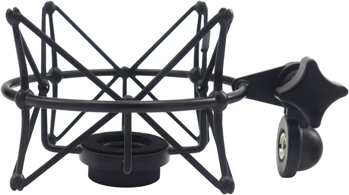 Black metal microphone shock mount with side knob and X-braced frame