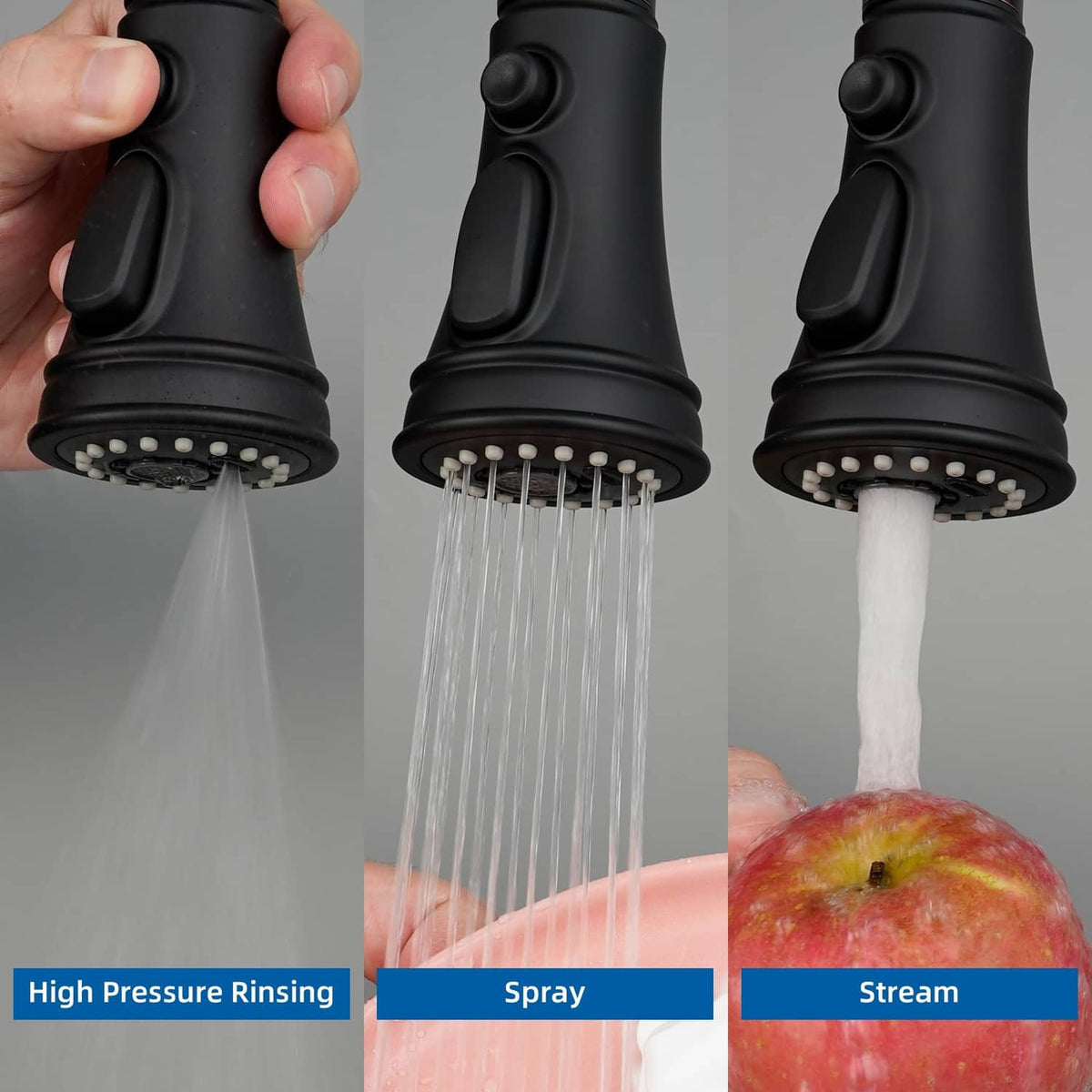 Matte black faucet head showing spray jet and stream outlet during use