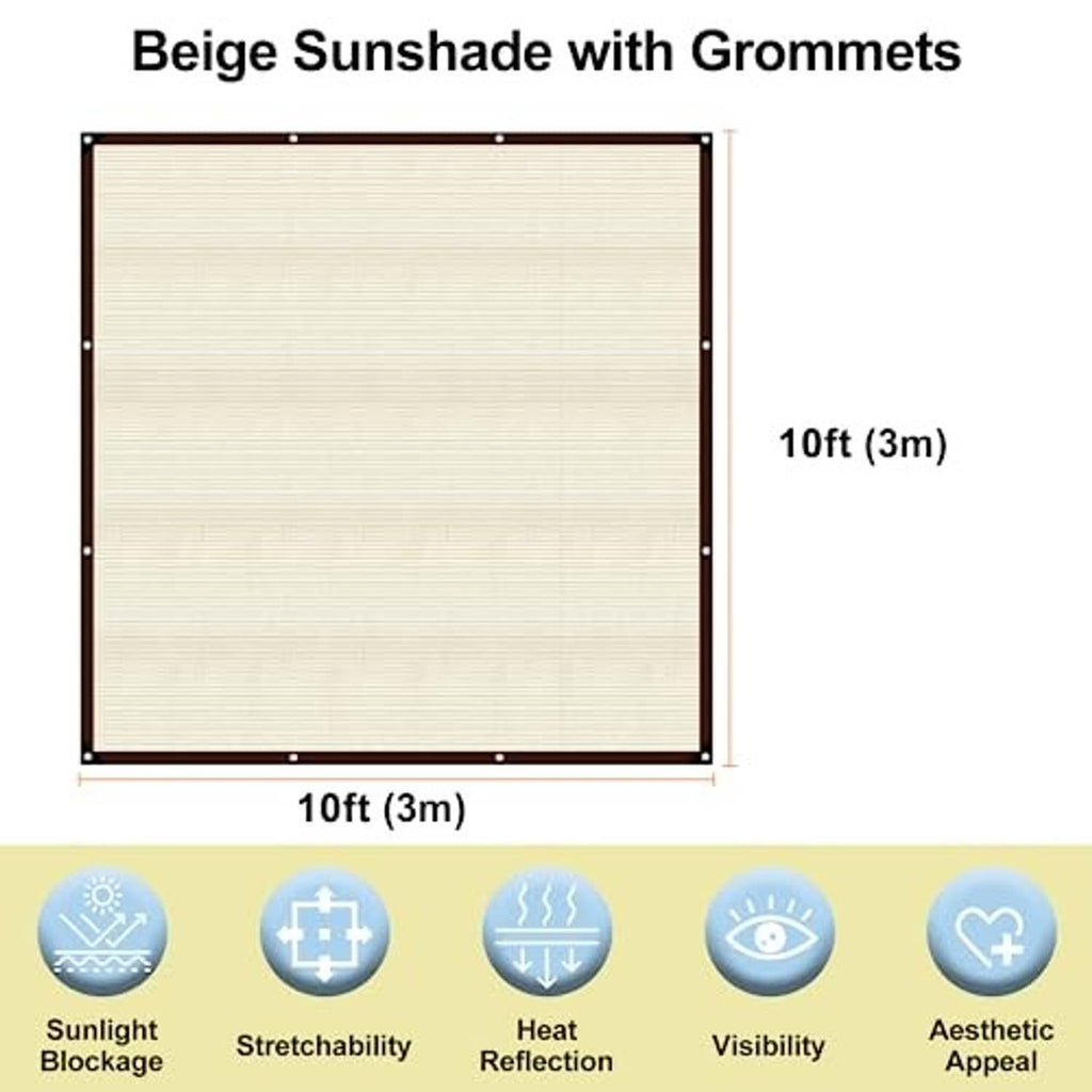 Beige patio sunshade cloth panel with dark edge trim and corner grommets
